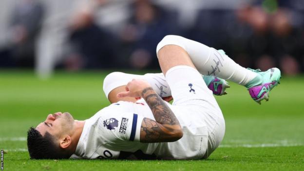 Cristian Romero lying on his back during Tottenham 2-1 win at home to Everton