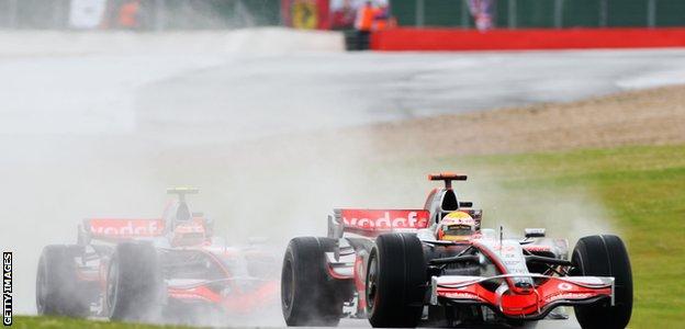 Lewis Hamilton leads McLaren team-mate Heikki Kovalainen during the British Grand Prix in 2008