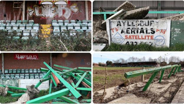 Aylesbury United's former Buckingham Road home pictured in March 2020 - 14 years after the club last played a match at the ground