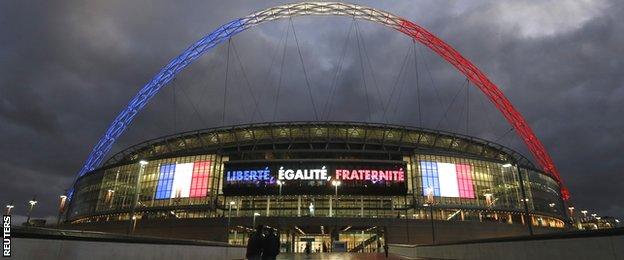 Wembley Way illuminated in the colours of the French Tricolour ahead of kick-off