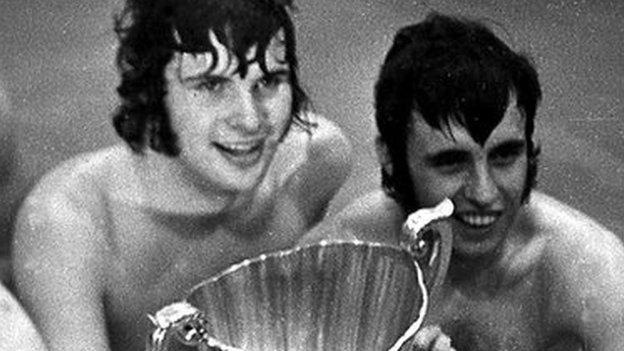 Rangers' Derek Johnstone and Tommy McLean celebrate after winning the Cup Winners' Cup in Barcelona
