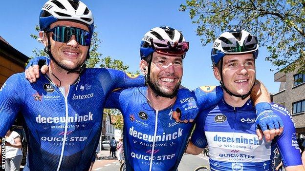 Deceuninck-Quick-Step's Yves Lampaert (left), Mark Cavendish and Remco Evenepoel (right)