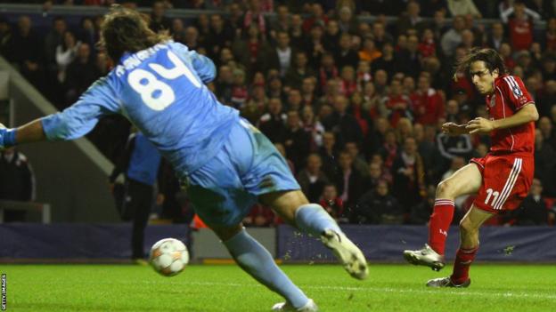 Liverpool's Yossi Benayoun scores against Besiktas in the 2007 Champions League group stage