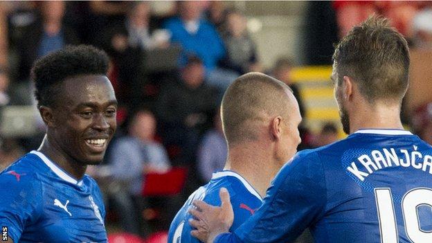 Rangers players celebrate a goal in their win against East Stirlingshire
