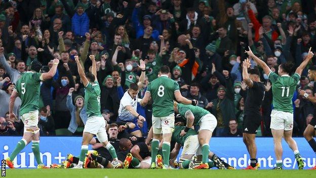 Ireland players and fans celebrate Ronan Kelleher's try in the win over New Zealand in November