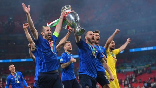 Giorgio Chiellini and Leonard Bonucci hold the Euro 2020 trophy