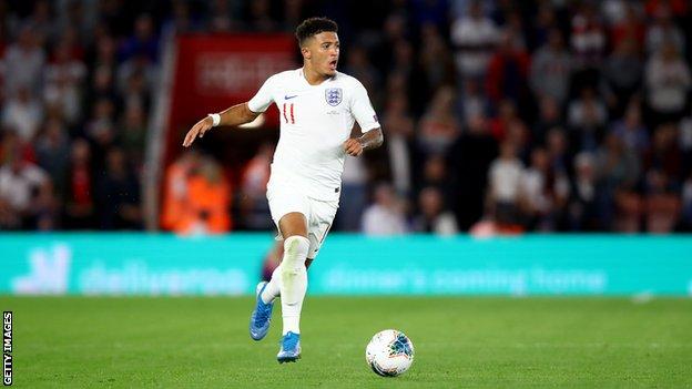 England winger Jadon Sancho prepares to play the ball during a Euro 2020 qualifier against Kosovo