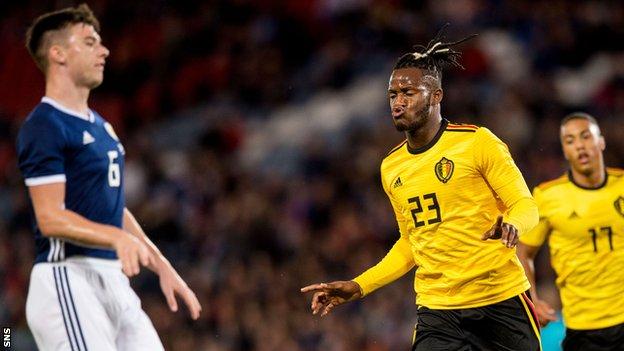 Belgium's Michy Batshuayi celeb rates scoring against Scotland