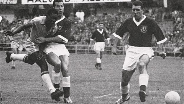 Pele in action for Brazil against Wales in 1958 World Cup