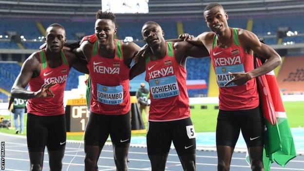 Kenya's 4x200m relay team of (from left to right) Mike Nyang'au, Mark Odhiambo, Hesborn Ochieng and Hesborn Ochieng