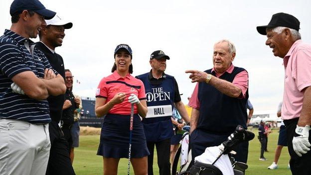 (l-r) Rory McIlroy, Tiger Woods, Georgia Hall, Georgia Hall's caddie, Jack Nicklaus and Lee Trevino on the 18th tee at St Andrews Old Course