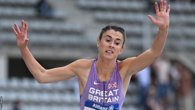 Olivia Breen in long jump action in Paris