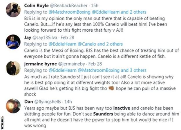 Fans on Twitter say that while they rate Saunders, Canelo will be too much for the Briton. One fan compares Canelo to Argentine footballer Lionel Messi.