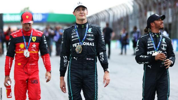 Winner George Russell with second-placed Carlos Sainz and third-placed Lewis Hamilton after the sprint before F1's Sao Paulo Grand Prix in November 2022