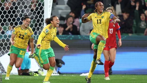 Allyson Swaby celebrates scoring for Jamaica against Panama