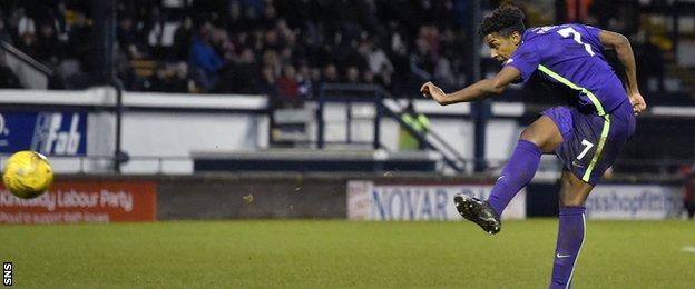Dominique Malonga scores for Hibernian against Raith Rovers