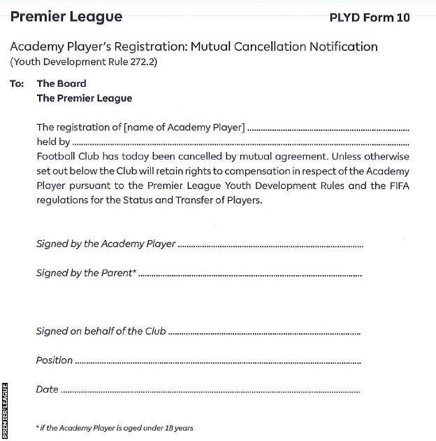 A copy of a YD10 compensation form that a player & parent sign when leaving an academy early