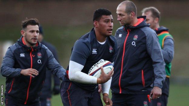 Nathan Hughes (centre) will win his third cap for England, with Billy Vunipola out with a knee injury