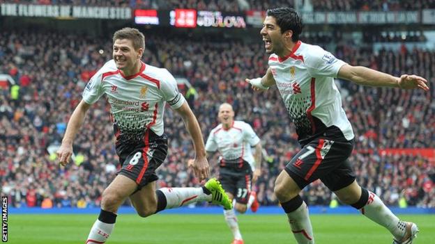 Luis Suarez (right) celebrates with Steven Gerrard after Liverpool score a goal in 2014