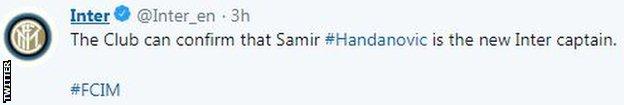 Inter Milan tweet confirming that Samir Handanovic is their new captain