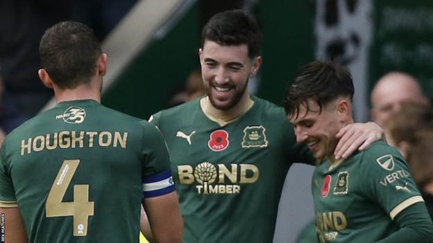 Finn Azaz celebrates scoring for Plymouth Argyle against Middlesbrough