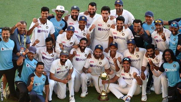 India team celebrate after beating Australia in Brisbane