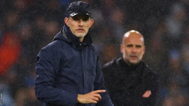 Bayern Munich boss Thomas Tuchel (front) and Manchester City boss Pep Guardiola during the Champions League quarter-final tie at Etihad Stadium