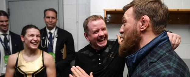Former two-weight UFC champion Conor McGregor joined Katie Taylor and her manager Brian Peters to celebrate the win over Cindy Serrano