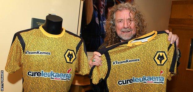 Wolves fan and Led Zeppelin singer Robert Plant with a charity shirt for Carl Ikeme which the team wore in a game against Middlesbrough