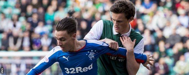 Rangers' Barrie McKay and Hibs' Liam Henderson contest for the ball