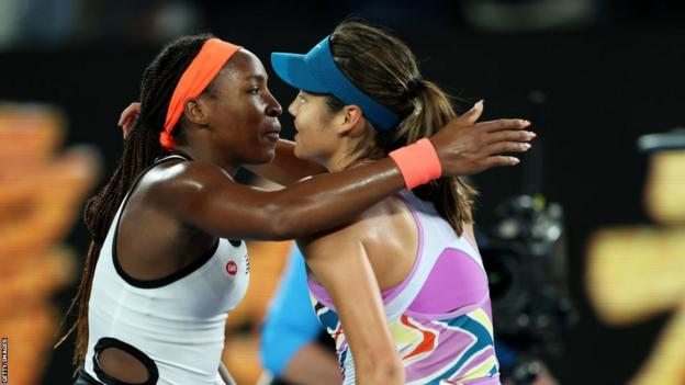 Coco Gauff (left) of the United States embraces Emma Raducanu of Great Britain after winning their round two singles match during day three of the 2023 Australian Open at Melbourne Park