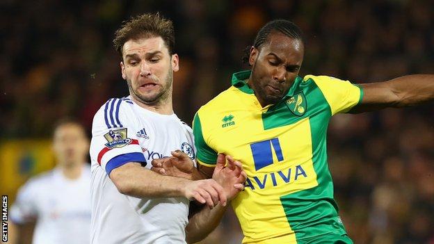Cameron Jerome of Norwich City (right) in action against Chelsea's Branislav Ivanovic