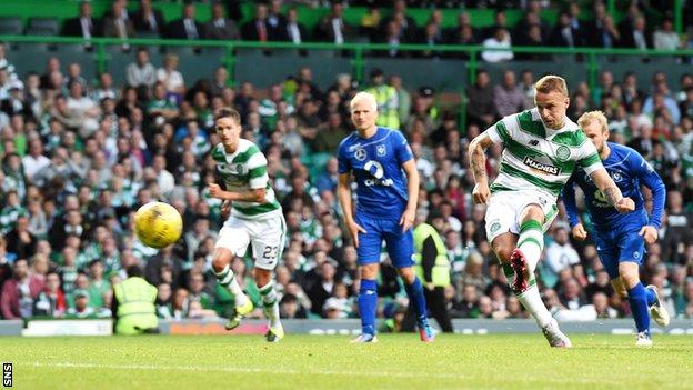 Celtic forward Leigh Griffiths has a penalty saved against Stjarnan