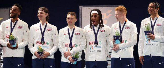 Matthew Hudson-Smith, Lewis Davey, Joe Brier, Alex Haydock-Wilson, Charlie Dobson and Rio Mitcham (left to right) pick up their medals in Munich