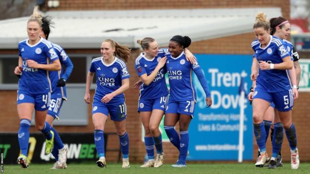 Leicester players celebrate scoring against Birmingham