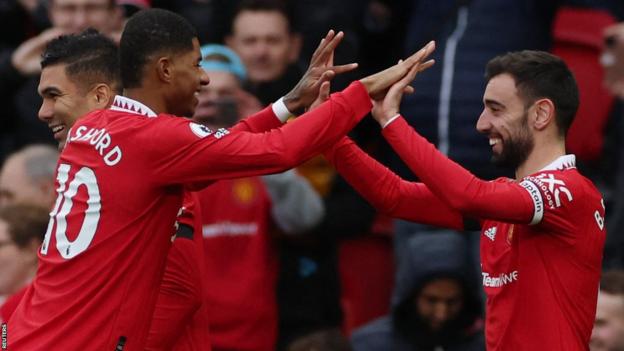 Bruno Fernandes and Marcus Rashford celebrate a Manchester United goal v Crystal Palace in the Premier League
