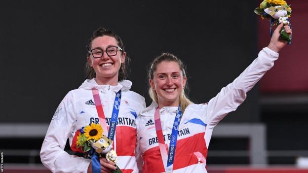 Katie Archibald and Laura Kenny celebrate winning madison gold in Tokyo
