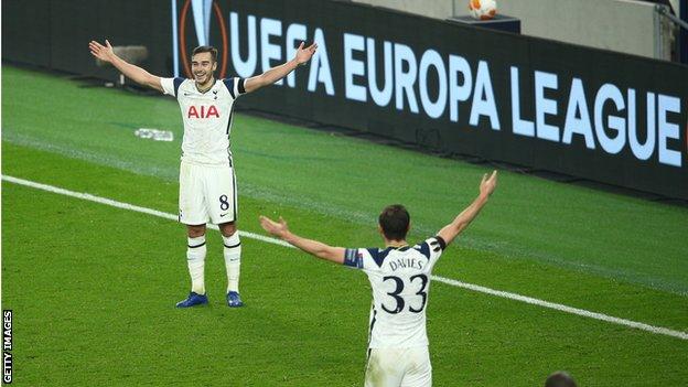 Ludogorets' team celebrate their first goal during the Europa