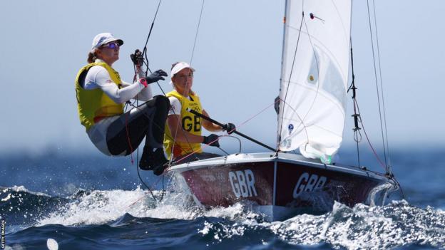 Eilidh McIntyre (left) and Hannah Mills (right) of Team Great Britain competing in the Women's 470 class at the Tokyo 2020 Olympic Games.
