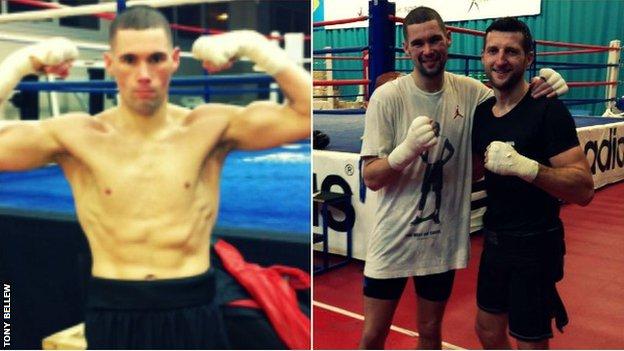 Tony Bellew with 5lbs to go to make his 12st 7lbs limit and training with Carl Froch (right)