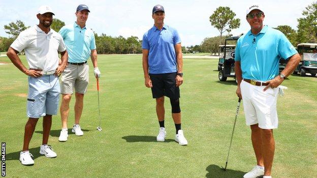 Tiger Woods and Peyton Manning beat Tom Brady and Phil Mickelson by one shot in the $20m charity golf match
