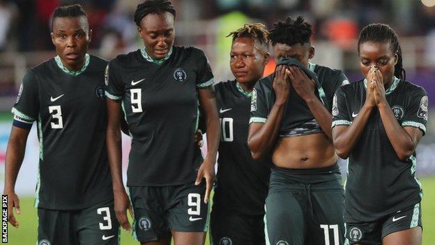 Nigeria reacts to their elimination from the Women's African Cup of Nations against Morocco