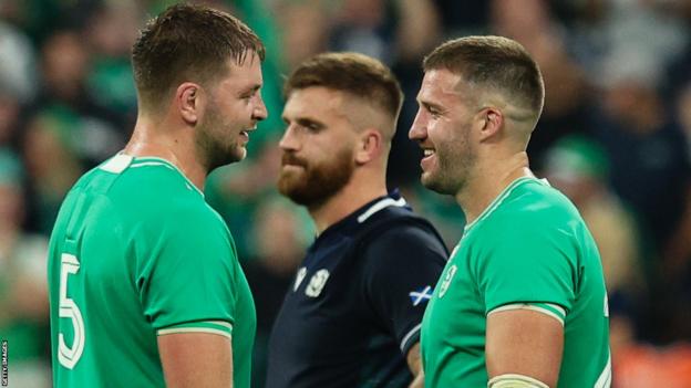 Iain Henderson and Stuart McCloskey celebrate with Ireland