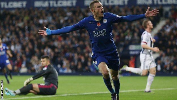 Leicester's Jamie Vardy scores against West Brom
