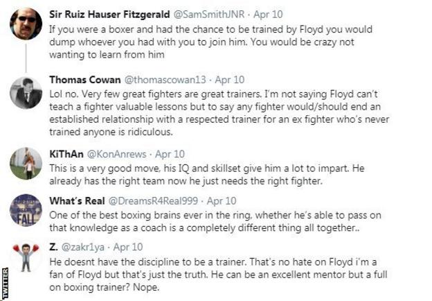 Boxing fans on Twitter react to Floyd Mayweather becoming a trainer. One fan says his boxing IQ will give him a lot to impart, whilst another fan believes Mayweather doesn't have the discipline to become a trainer.