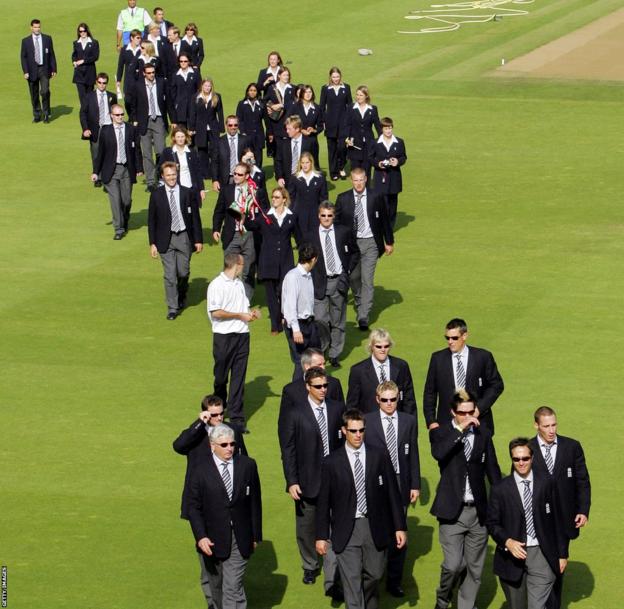 England's men's team lead the way as they and England's women team parade around Lord's