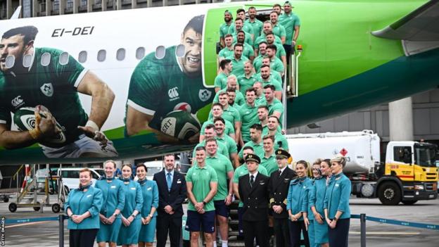 The Ireland squad pose for a photograph before boarding their plane to France