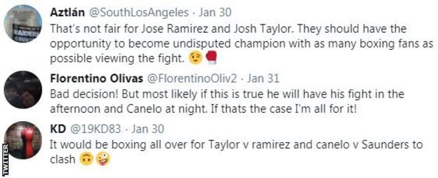 Boxing fans on Twitter share their frustration at reports that Ramirez-Taylor could clash with Canelo-Saunders, with one fan saying it is 