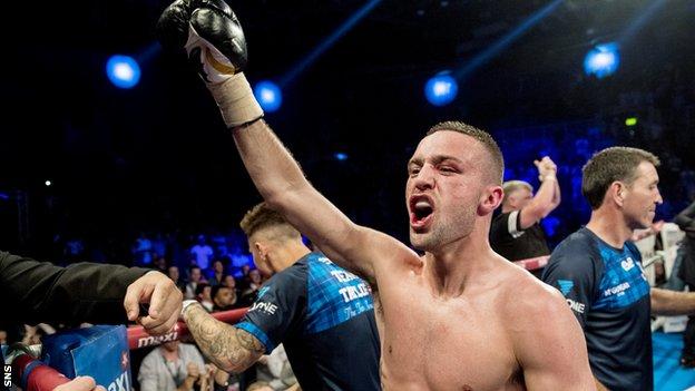 Josh Taylor celebrates retaining his WBC silver super lightweight title after beating Ohara Davies in July