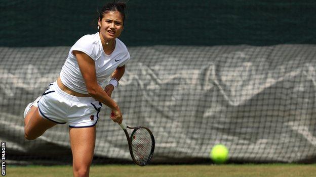 Emma Raducanu practises at Wimbledon on Saturday